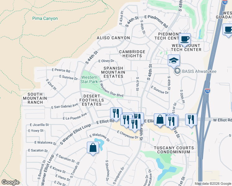 map of restaurants, bars, coffee shops, grocery stores, and more near 10439 South 45th Place in Phoenix
