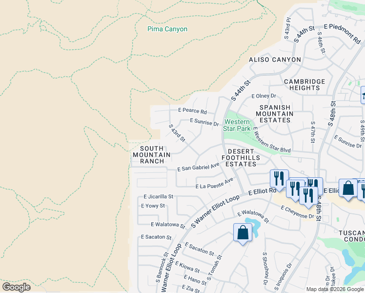 map of restaurants, bars, coffee shops, grocery stores, and more near 10210 South 43rd Street in Phoenix