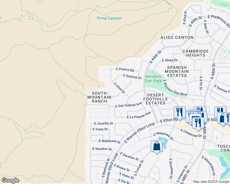 map of restaurants, bars, coffee shops, grocery stores, and more near 10210 South 43rd Street in Phoenix