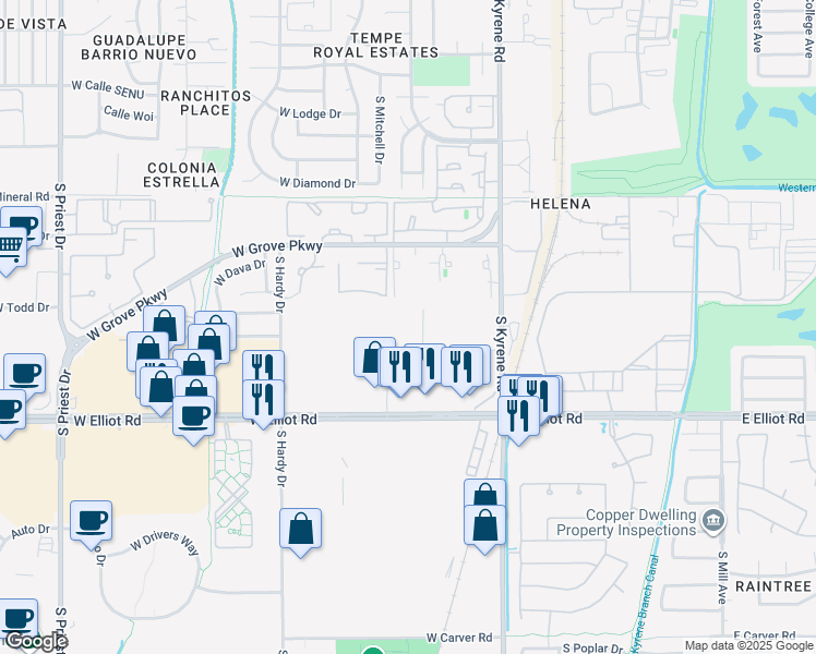 map of restaurants, bars, coffee shops, grocery stores, and more near 7360 South Kyrene Road in Tempe