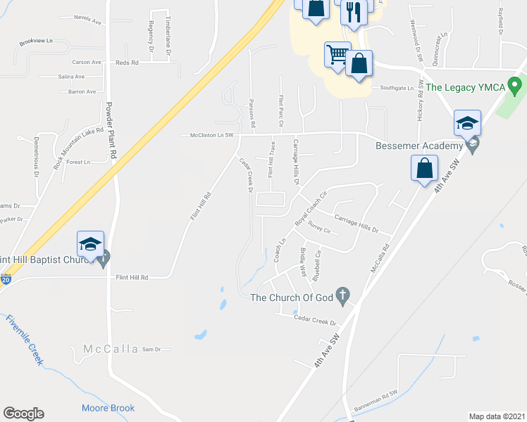 map of restaurants, bars, coffee shops, grocery stores, and more near 83 Carriage House Road Southwest in Bessemer