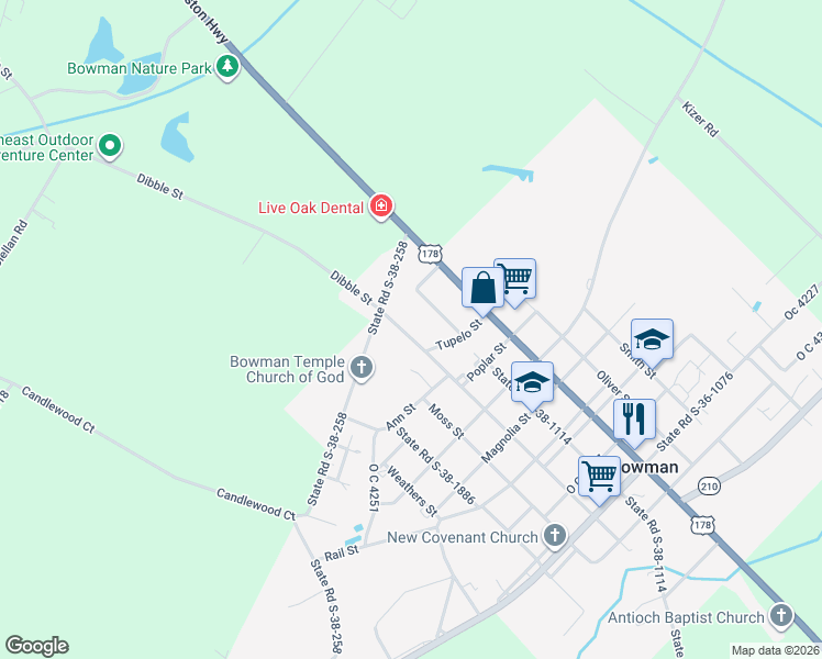 map of restaurants, bars, coffee shops, grocery stores, and more near 170 Maple Street in Bowman