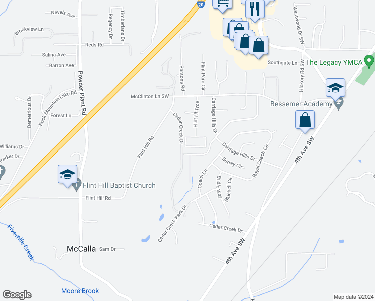 map of restaurants, bars, coffee shops, grocery stores, and more near 87 Carriage House Road Southwest in Bessemer