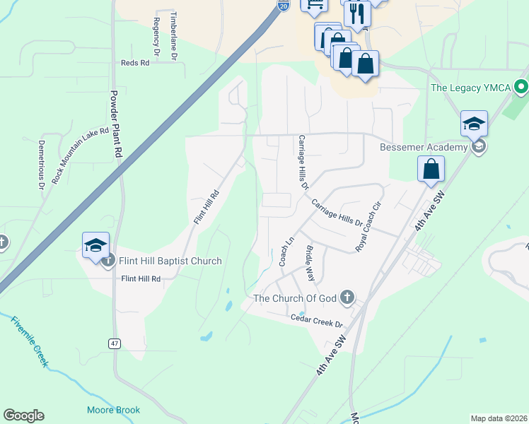 map of restaurants, bars, coffee shops, grocery stores, and more near 79 Carriage House Road Southwest in Bessemer