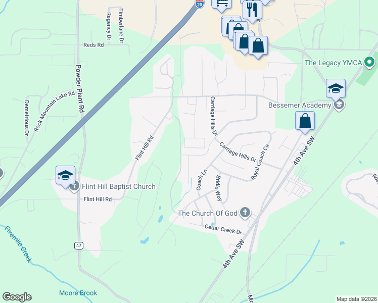 map of restaurants, bars, coffee shops, grocery stores, and more near 83 Carriage House Road Southwest in Bessemer