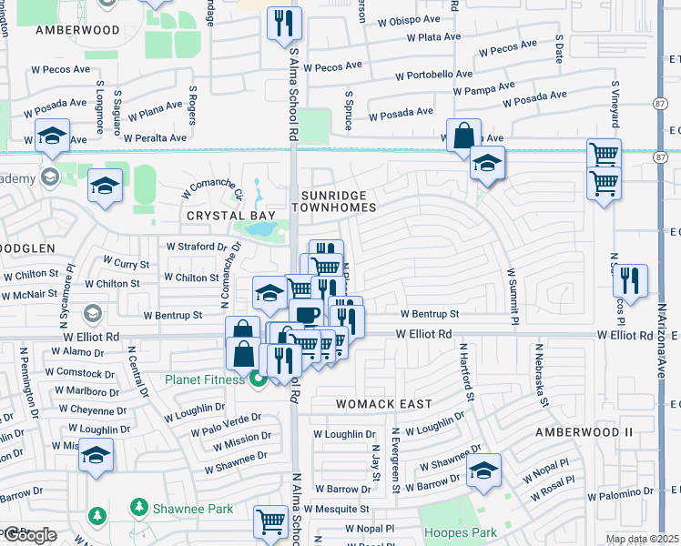 map of restaurants, bars, coffee shops, grocery stores, and more near 3125 North Pleasant Drive in Chandler