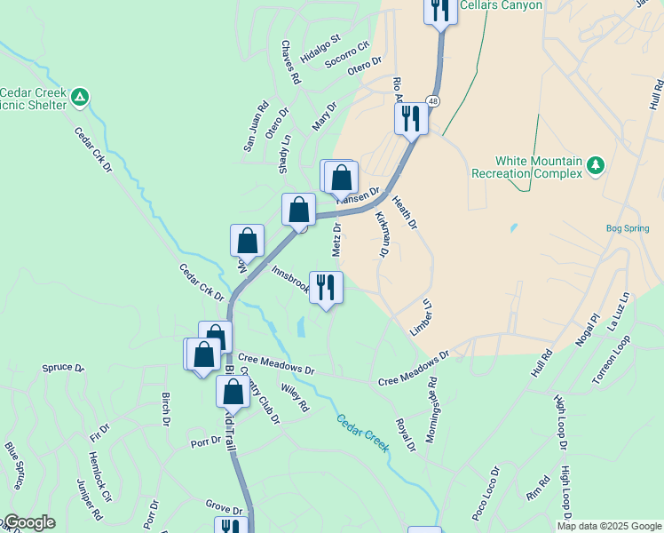 map of restaurants, bars, coffee shops, grocery stores, and more near 110 Metz Drive in Ruidoso