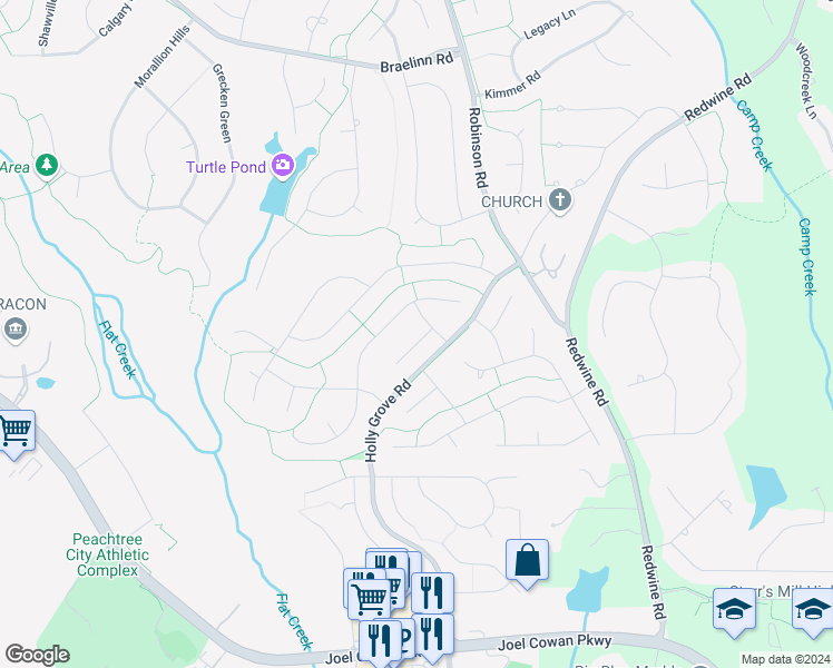 map of restaurants, bars, coffee shops, grocery stores, and more near 202 Ruskin Road in Peachtree City