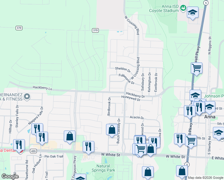 map of restaurants, bars, coffee shops, grocery stores, and more near 1136 Kingston Court in Anna