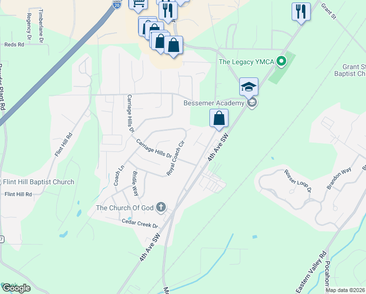 map of restaurants, bars, coffee shops, grocery stores, and more near 8 Royal Coach Circle in Bessemer