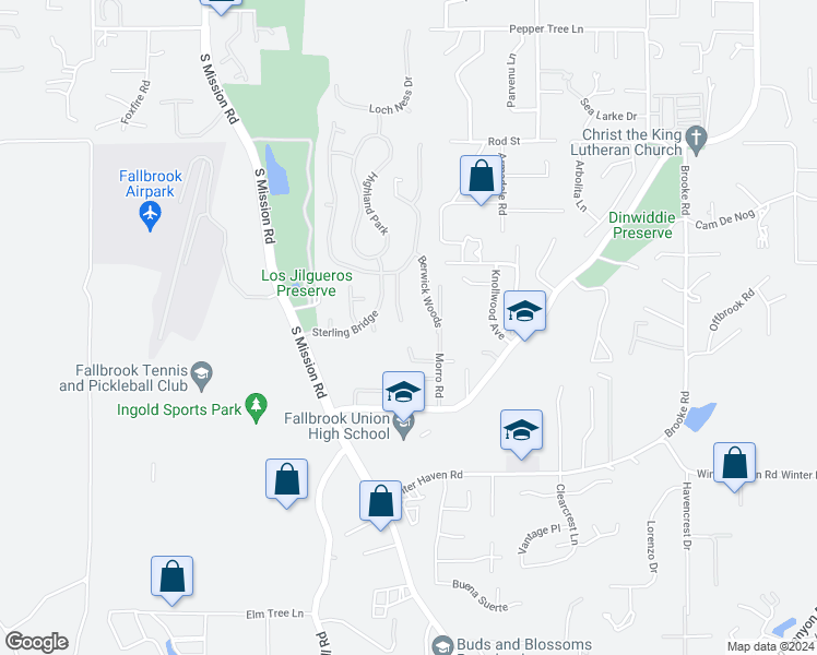 map of restaurants, bars, coffee shops, grocery stores, and more near 2188 Kirkcaldy Road in Fallbrook