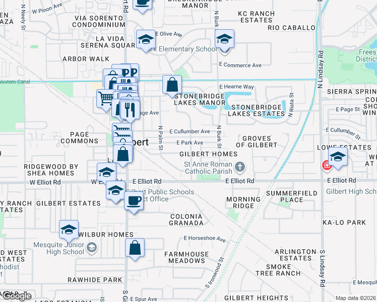 map of restaurants, bars, coffee shops, grocery stores, and more near 255 East Park Avenue in Gilbert