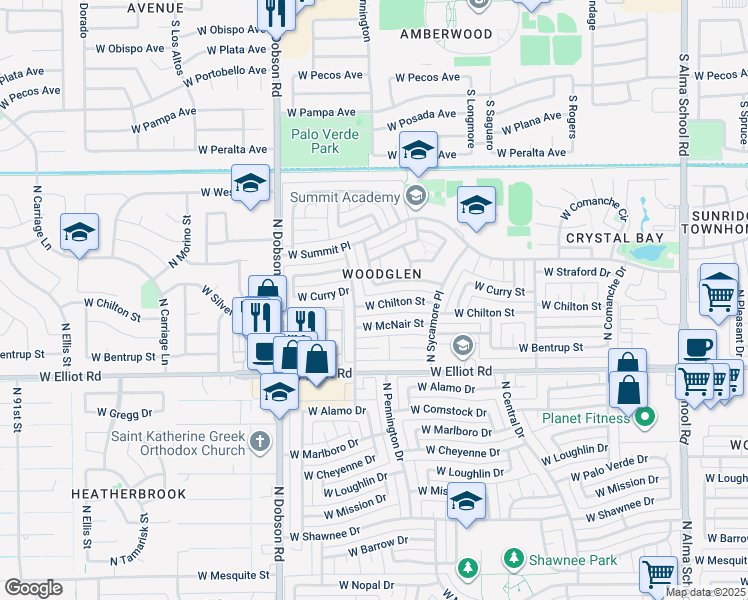 map of restaurants, bars, coffee shops, grocery stores, and more near 3105 North Pennington Drive in Chandler