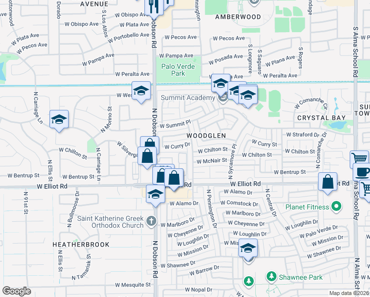 map of restaurants, bars, coffee shops, grocery stores, and more near 1816 West Curry Drive in Chandler