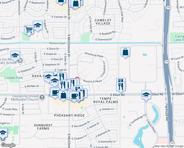 map of restaurants, bars, coffee shops, grocery stores, and more near 1890 East Oasis Drive in Tempe