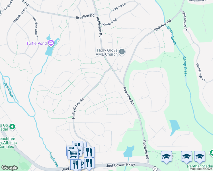map of restaurants, bars, coffee shops, grocery stores, and more near 407 Ironwood Way in Peachtree City