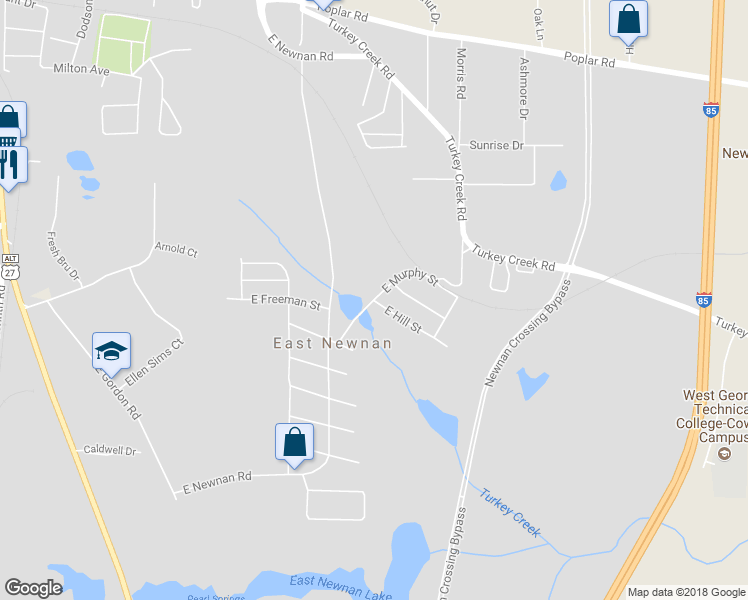map of restaurants, bars, coffee shops, grocery stores, and more near 1 East Hill Street in Newnan