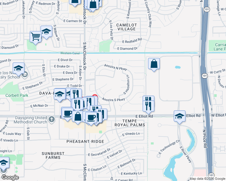 map of restaurants, bars, coffee shops, grocery stores, and more near 1890 East Oasis Drive in Tempe