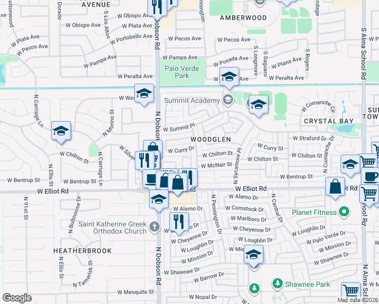 map of restaurants, bars, coffee shops, grocery stores, and more near 1816 West Curry Drive in Chandler