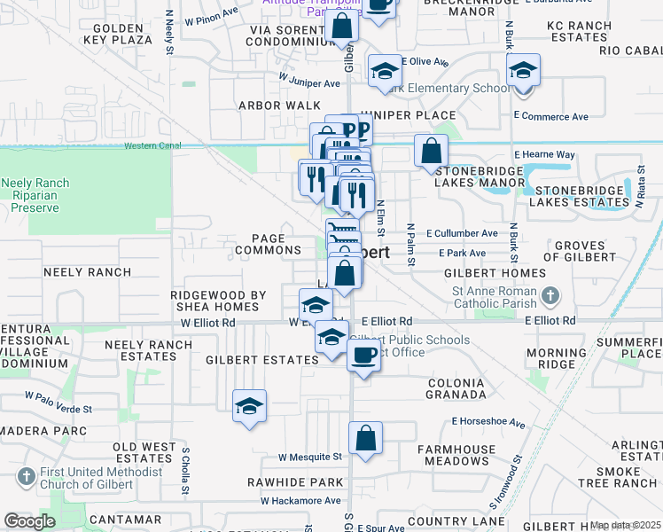 map of restaurants, bars, coffee shops, grocery stores, and more near 23 West Park Avenue in Gilbert