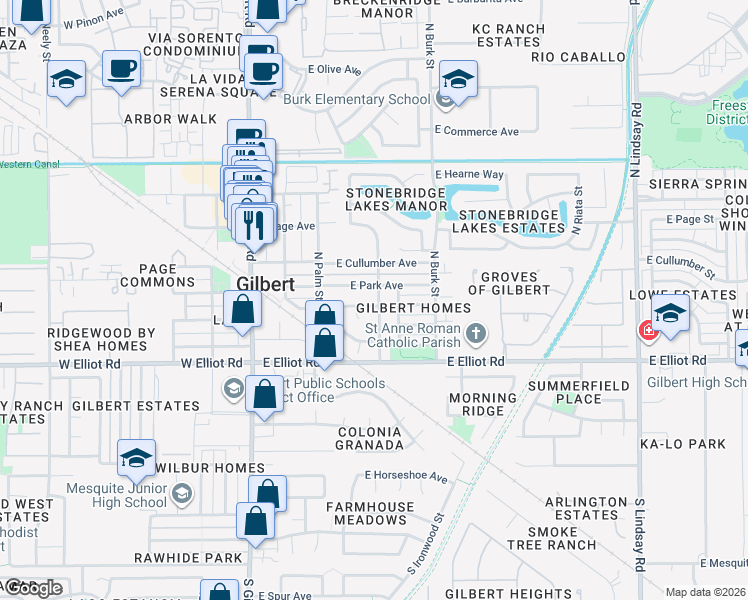 map of restaurants, bars, coffee shops, grocery stores, and more near 255 East Park Avenue in Gilbert