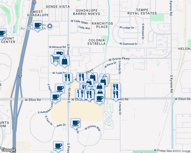 map of restaurants, bars, coffee shops, grocery stores, and more near 1155 West Grove Parkway in Tempe