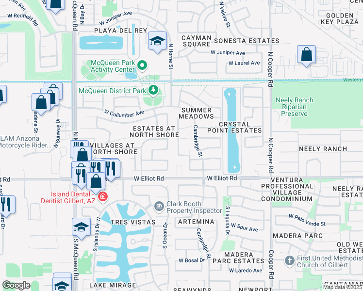 map of restaurants, bars, coffee shops, grocery stores, and more near 1153 West Windhaven Avenue in Gilbert