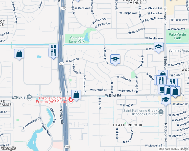 map of restaurants, bars, coffee shops, grocery stores, and more near 3223 North Woodburne Drive in Chandler