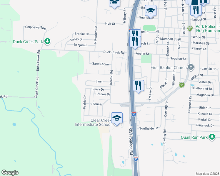 map of restaurants, bars, coffee shops, grocery stores, and more near 105 Tammy in Sanger