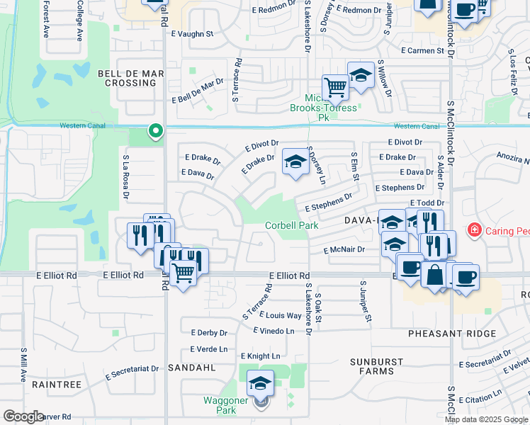 map of restaurants, bars, coffee shops, grocery stores, and more near 7375 South Rita Lane in Tempe