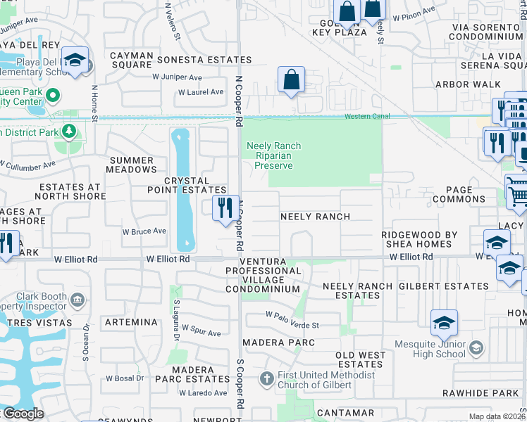 map of restaurants, bars, coffee shops, grocery stores, and more near 725 West Orchard Way in Gilbert