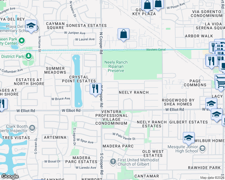 map of restaurants, bars, coffee shops, grocery stores, and more near 725 W Orchard Way in Gilbert