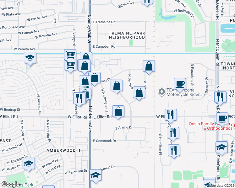 map of restaurants, bars, coffee shops, grocery stores, and more near 3240 North Colorado Street in Chandler