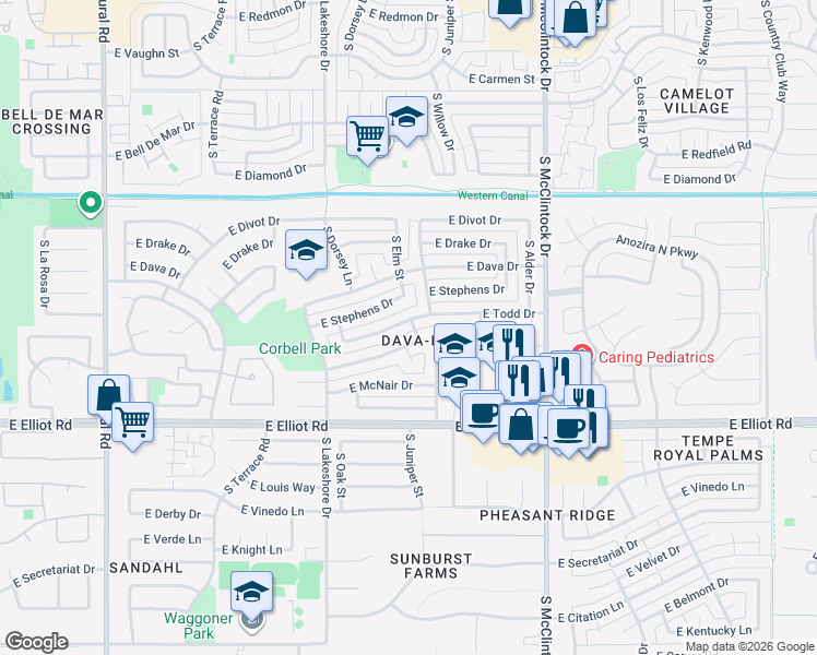 map of restaurants, bars, coffee shops, grocery stores, and more near 1453 East Todd Drive in Tempe