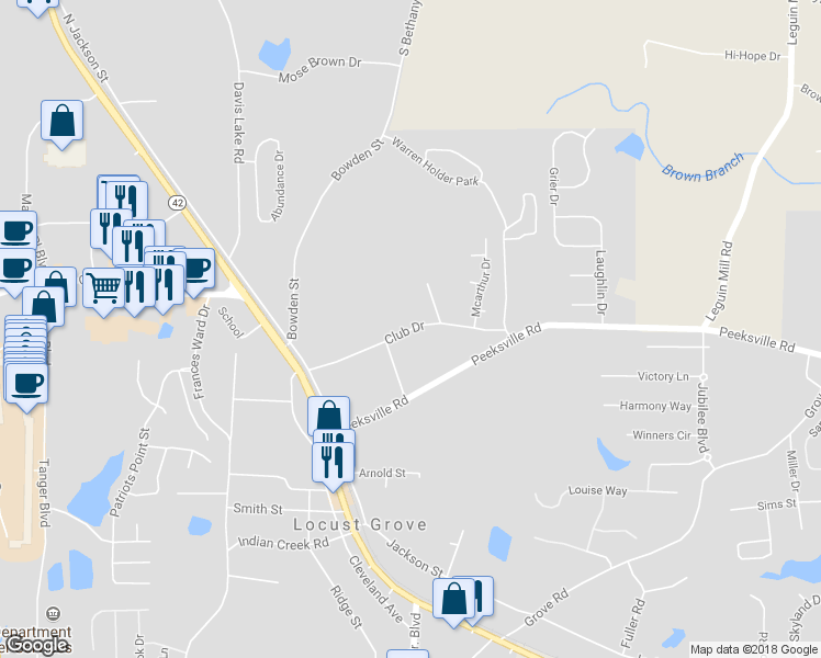 map of restaurants, bars, coffee shops, grocery stores, and more near 114 Club Drive in Locust Grove