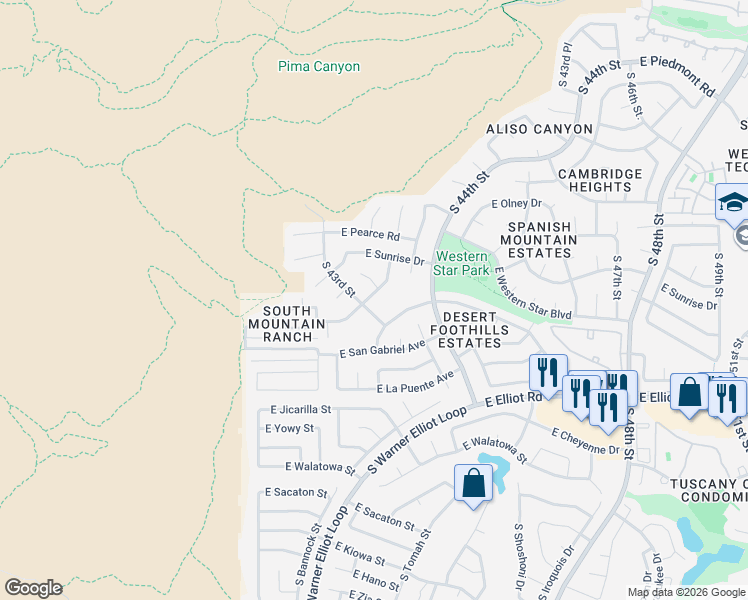 map of restaurants, bars, coffee shops, grocery stores, and more near 4309 East Western Star Boulevard in Phoenix