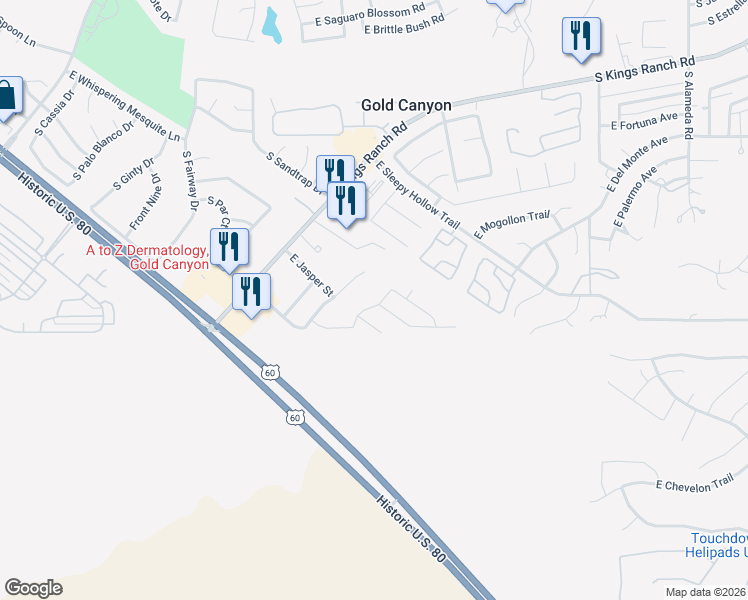 map of restaurants, bars, coffee shops, grocery stores, and more near 6878 South Evening Glow Place in Gold Canyon
