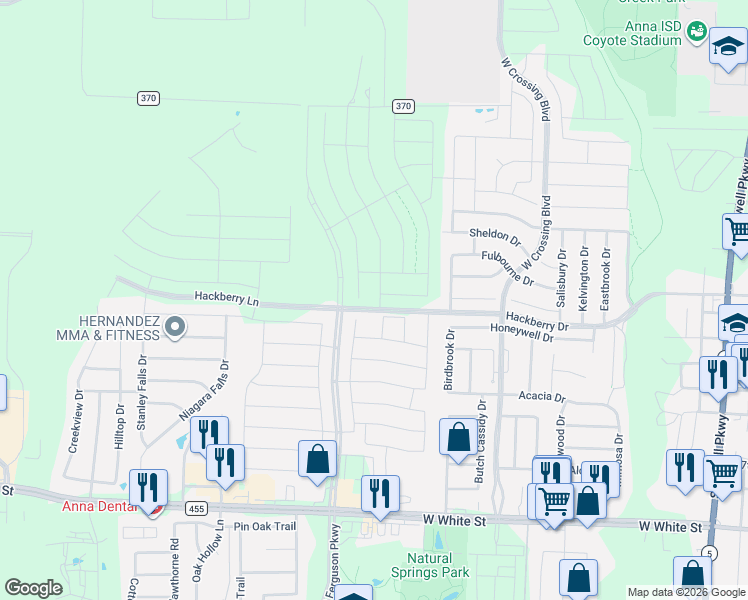 map of restaurants, bars, coffee shops, grocery stores, and more near 100 Copper Switch Drive in Anna