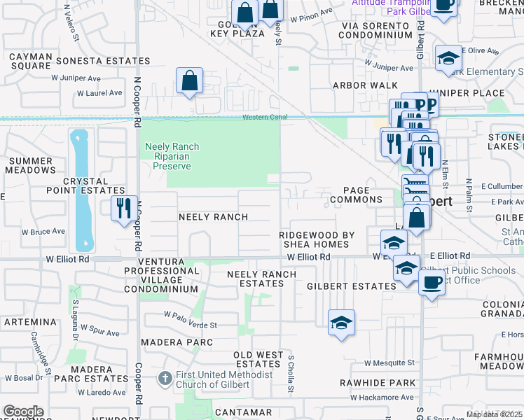 map of restaurants, bars, coffee shops, grocery stores, and more near 445 West Orchard Way in Gilbert