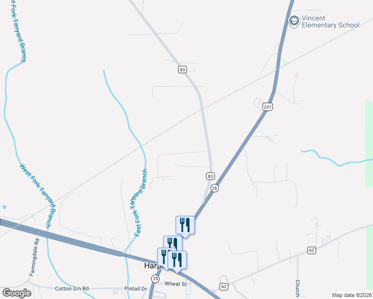 map of restaurants, bars, coffee shops, grocery stores, and more near 112 Brandy Lane in Harpersville