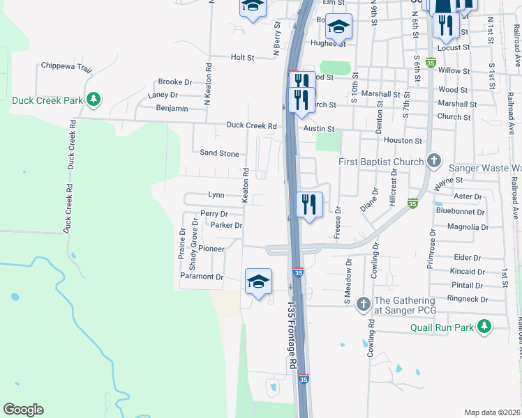 map of restaurants, bars, coffee shops, grocery stores, and more near 1600 Brook Glen Drive in Sanger