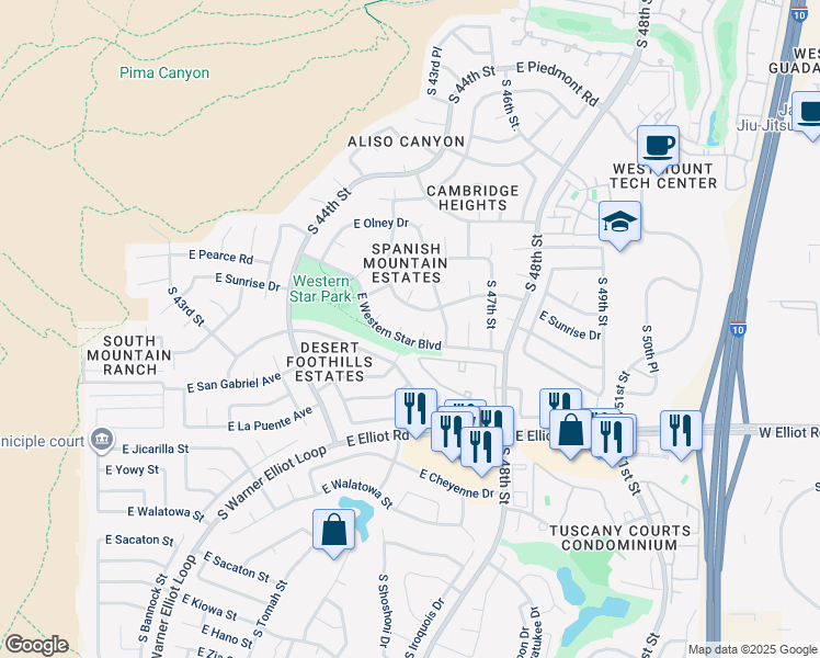 map of restaurants, bars, coffee shops, grocery stores, and more near 10439 South 45th Place in Phoenix