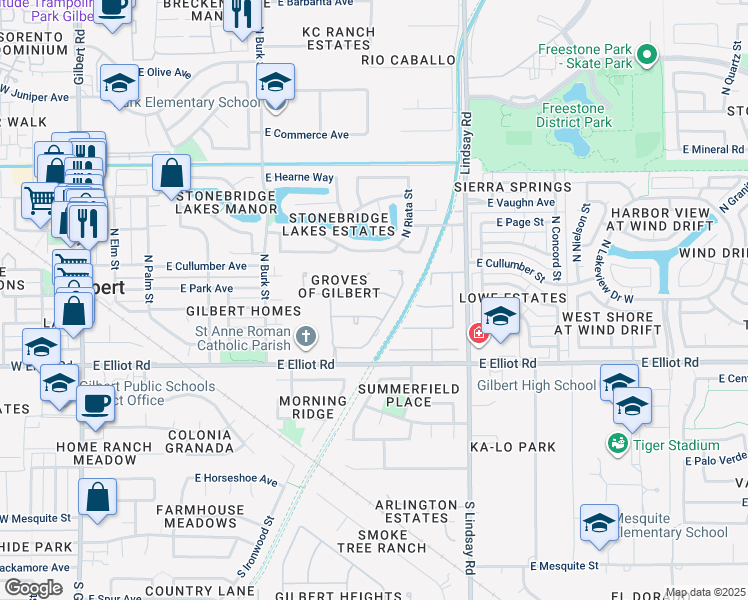map of restaurants, bars, coffee shops, grocery stores, and more near 619 East Park Avenue in Gilbert