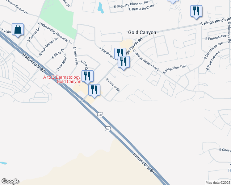 map of restaurants, bars, coffee shops, grocery stores, and more near 6889 South Russet Sky Way in Gold Canyon