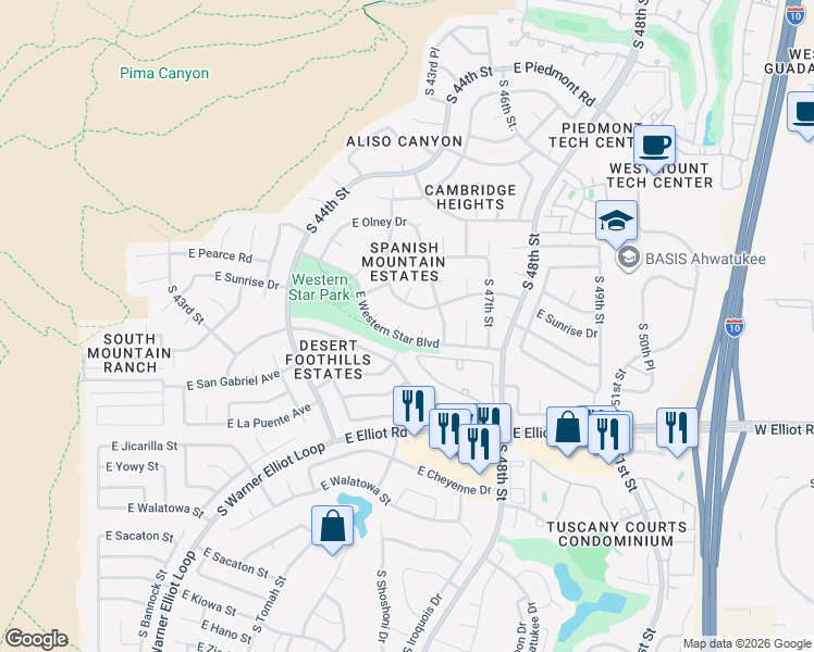 map of restaurants, bars, coffee shops, grocery stores, and more near 10439 South 45th Place in Phoenix