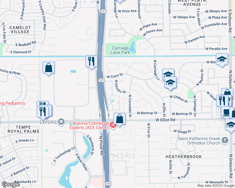 map of restaurants, bars, coffee shops, grocery stores, and more near 3315 West Desoto Street in Chandler