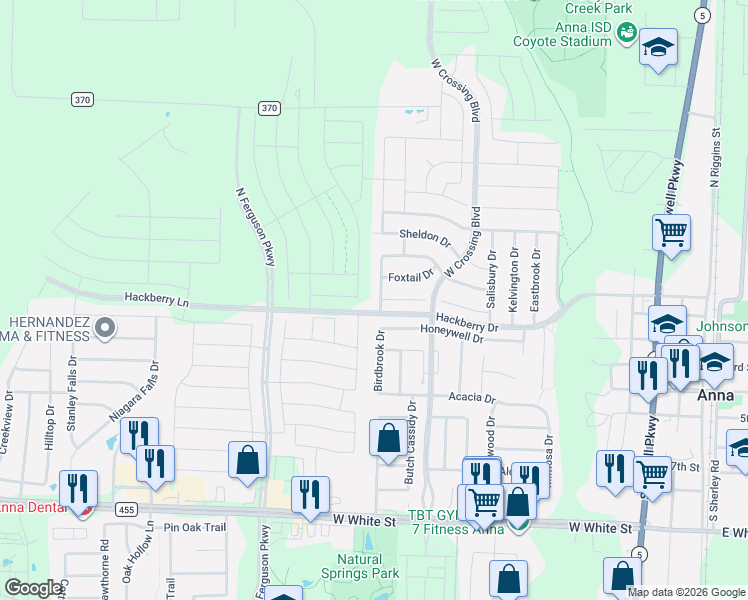map of restaurants, bars, coffee shops, grocery stores, and more near 1136 Kingston Court in Anna