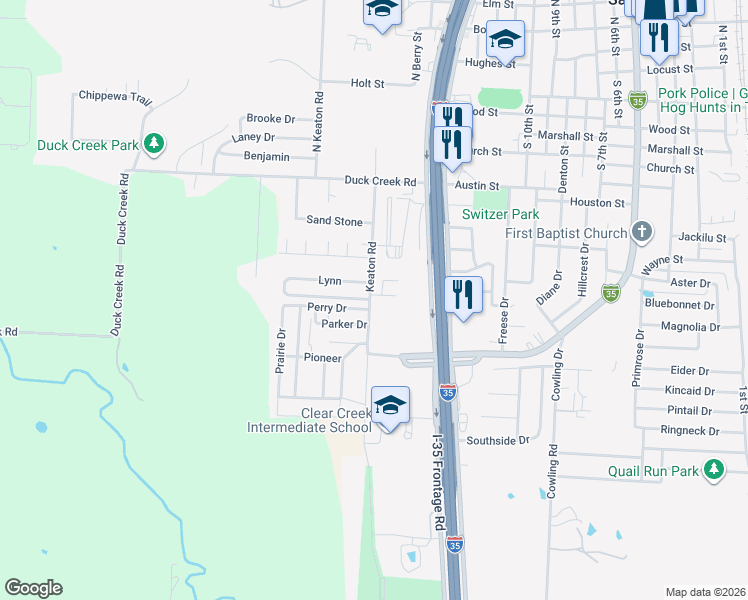 map of restaurants, bars, coffee shops, grocery stores, and more near 1608 Brook Glen Drive in Sanger