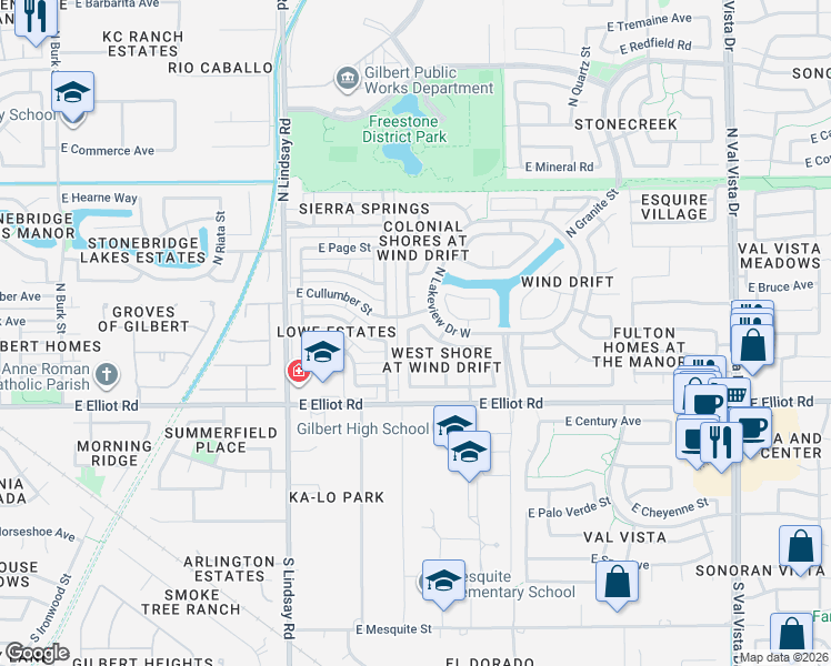 map of restaurants, bars, coffee shops, grocery stores, and more near 117 North Nielson Lane in Gilbert