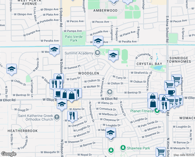 map of restaurants, bars, coffee shops, grocery stores, and more near 1604 West Chilton Street in Chandler